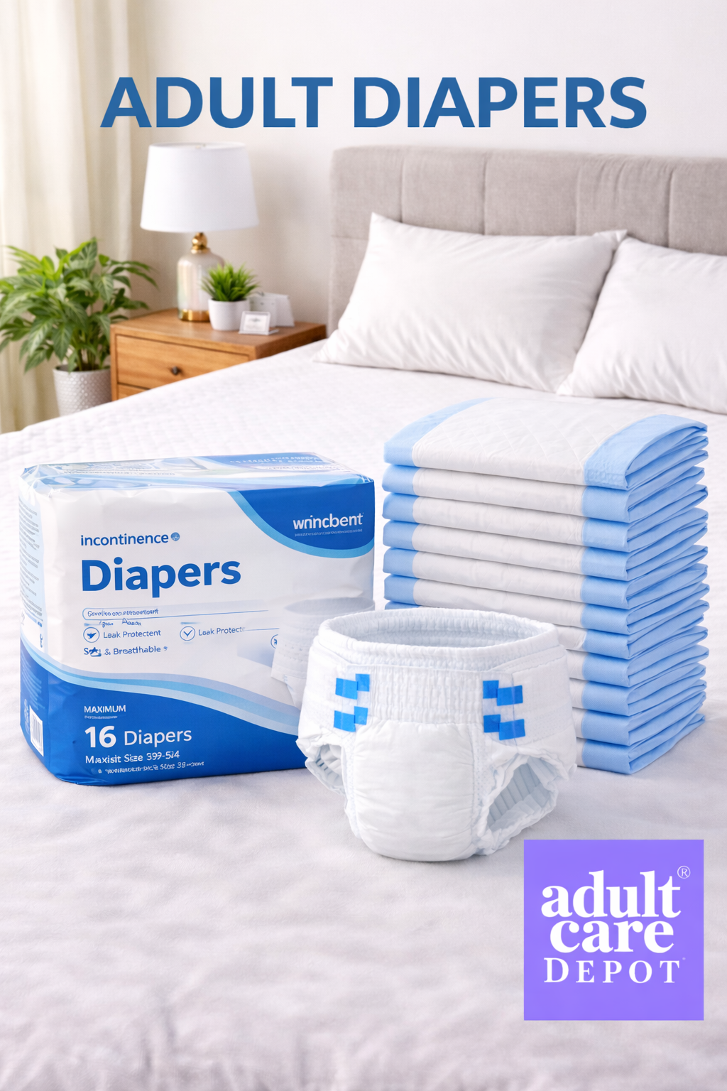 Adult diapers for incontinence displayed in a clean bedroom setting, featuring high-absorbency tab-style briefs with leak protection, odor control, and a secure adjustable fit, branded by Adult Care Depot.