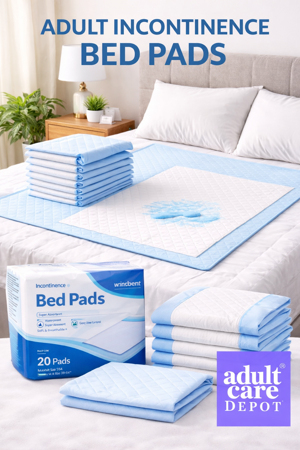 Adult incontinence bed pads displayed on a clean bedroom bed, featuring waterproof quilted mattress protectors and blue-and-white packaging designed for overnight bladder leak protection and mattress safety.