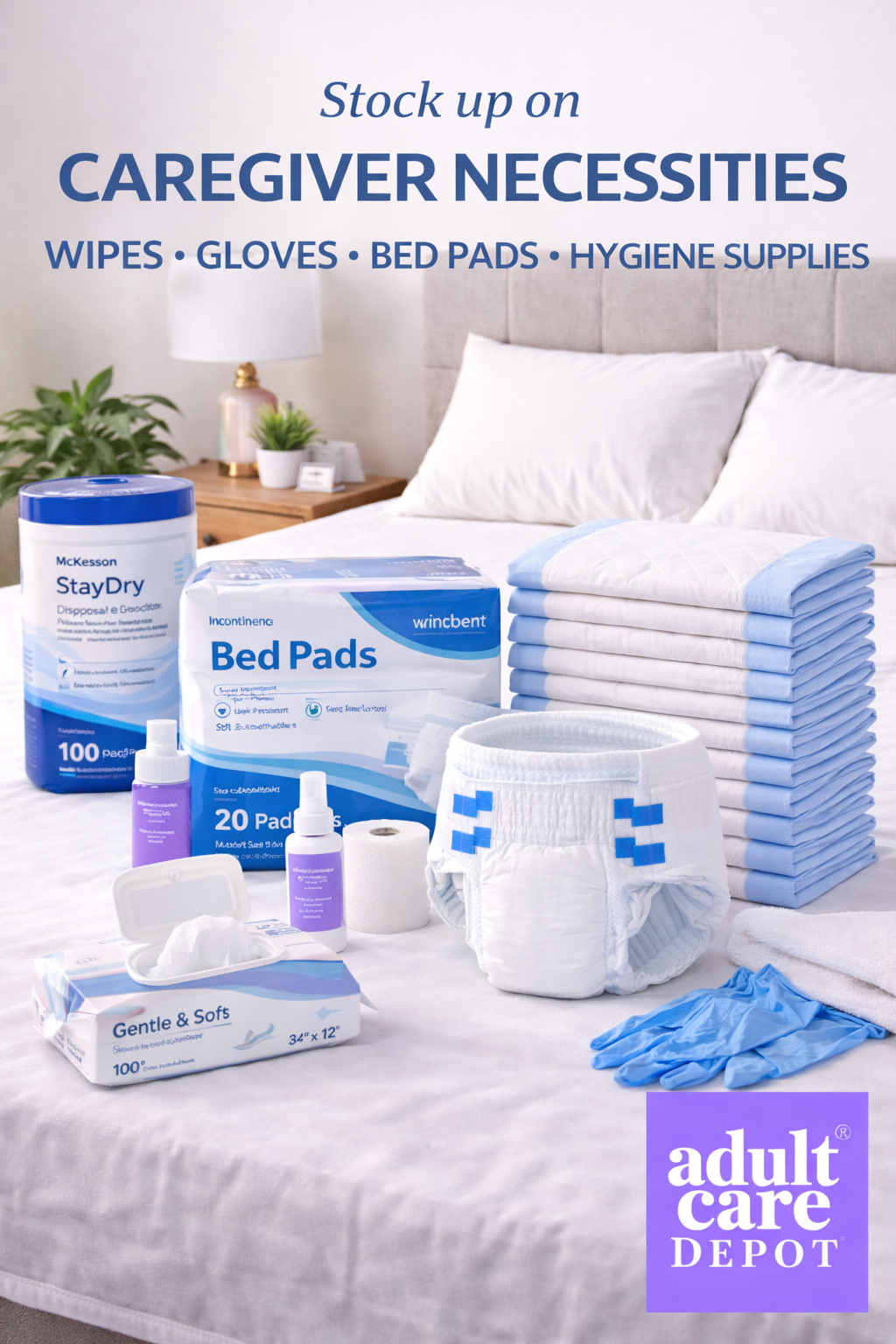 Caregiver necessities displayed on a bed, including disposable wipes, protective gloves, absorbent bed pads, adult diapers, and hygiene supplies for incontinence care and daily patient support, branded by Adult Care Depot.