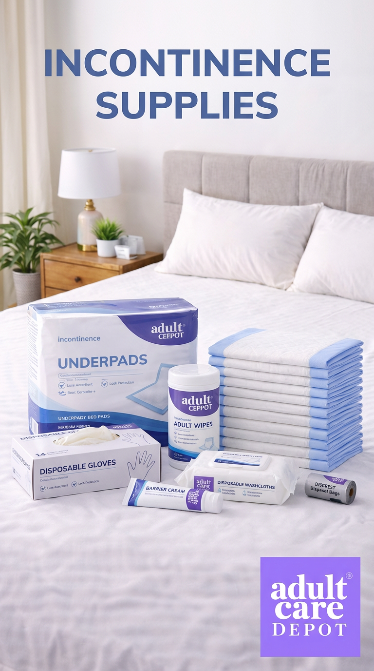 Incontinence supplies category banner showing wipes, gloves, underpads, and skin care essentials in a bedroom setting with Adult Care Depot branding.