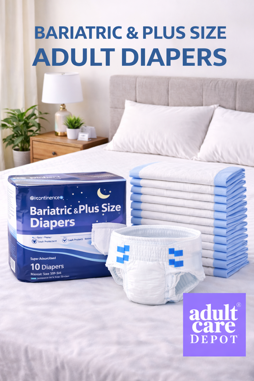 Bariatric and plus size adult diapers displayed in a bedroom setting, featuring extra-large tab-style briefs with high absorbency, leak protection, and a secure comfortable fit for extended incontinence care, branded by Adult Care Depot.