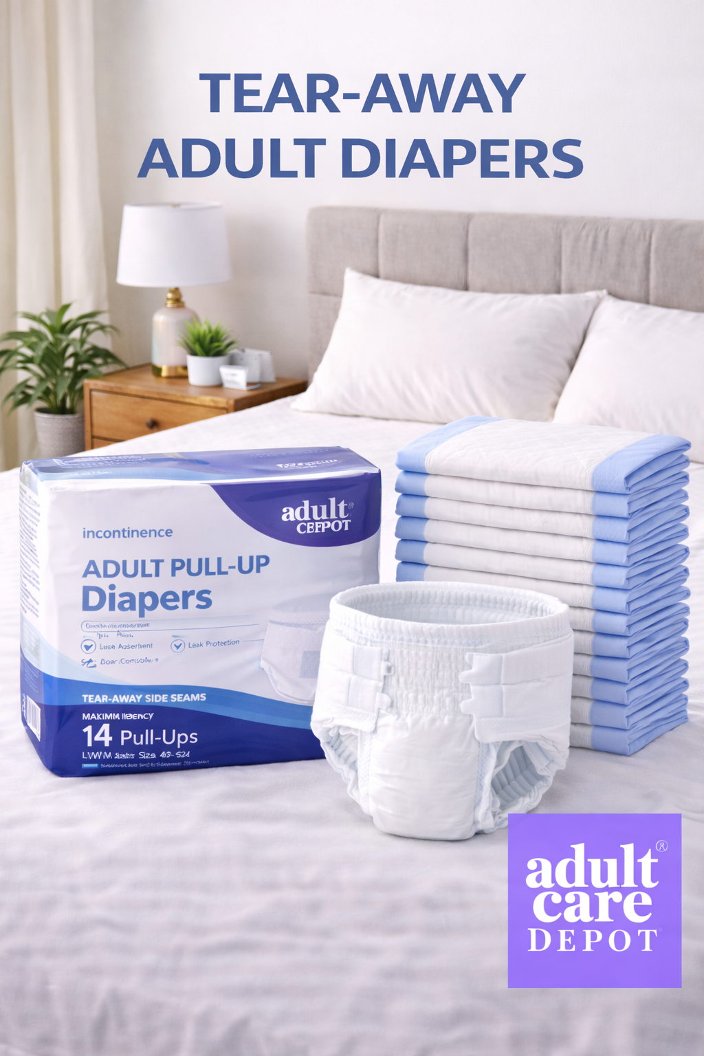 Tear-away adult diapers displayed in a bedroom setting, featuring easy-remove side-seam design, high absorbency, leak protection, and secure comfort for incontinence care, branded by Adult Care Depot.